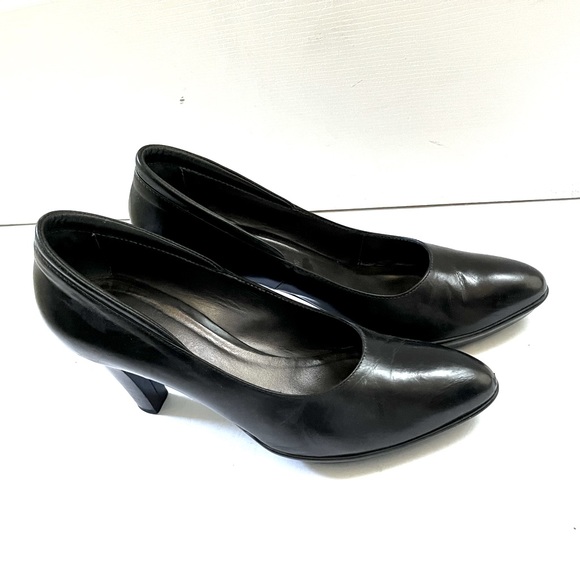 Aquatalia Black shiny Italian leather shoes lightweight platform block heel US10 - Picture 5 of 10